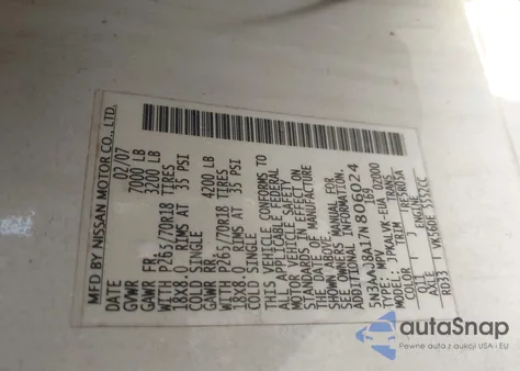 2007 Infiniti Qx56 z USA, uszkodzony, nr VIN 5N3AA08A17N806024